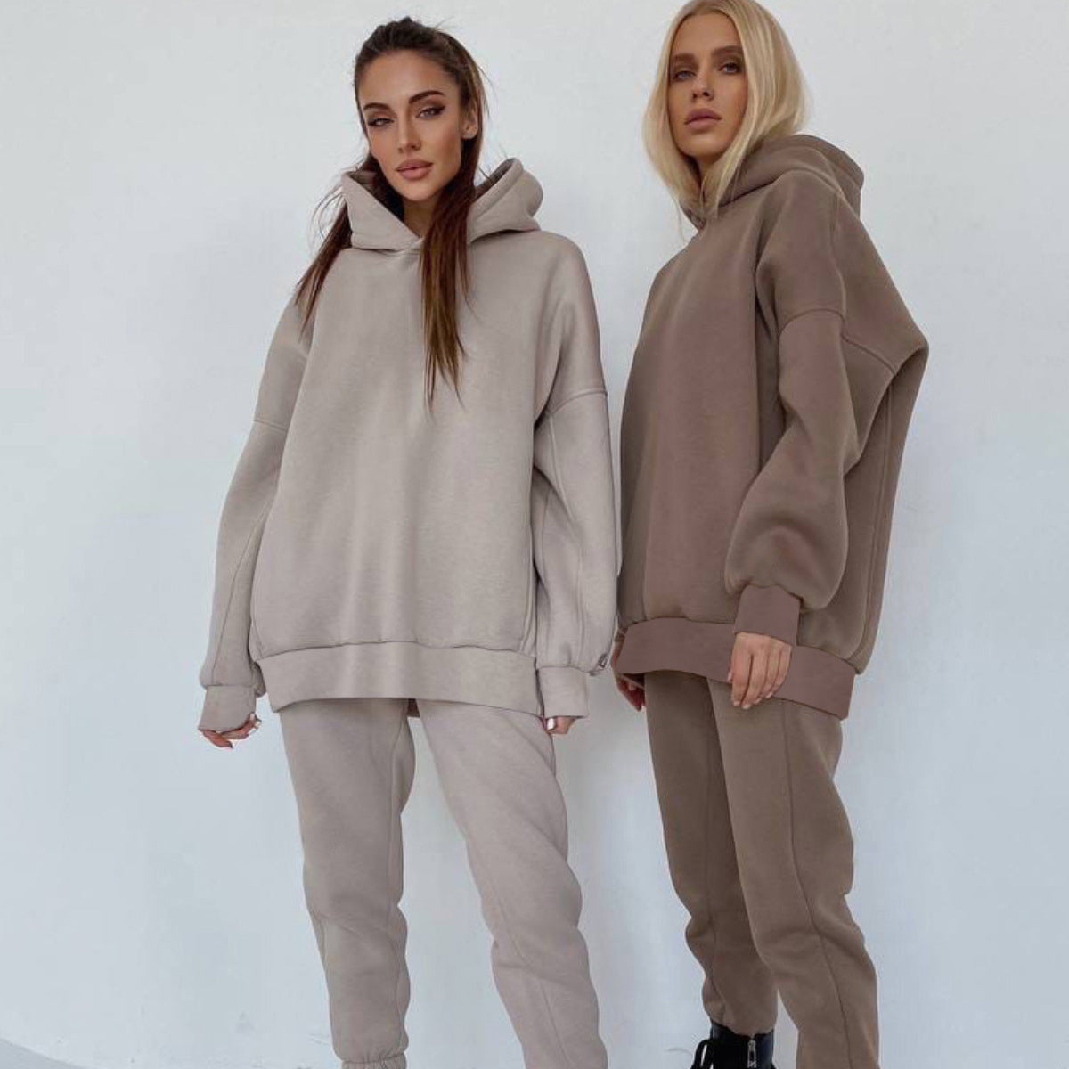 Two Piece Casual Fleece Sportswear Women's Winter Hooded Long Sleeve Hoodie  Sweatpants Women's Set (Color : Apricot, Size : Large)