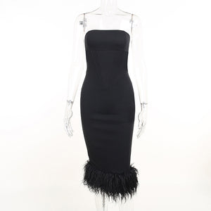 FRENCH STYLE FEATHER COCKTAIL STRAPLESS CORSET MIDI DRESS - BLACK