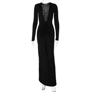 Midnight- Pleated Long Sleeve Backless Bodycon Maxi Dress