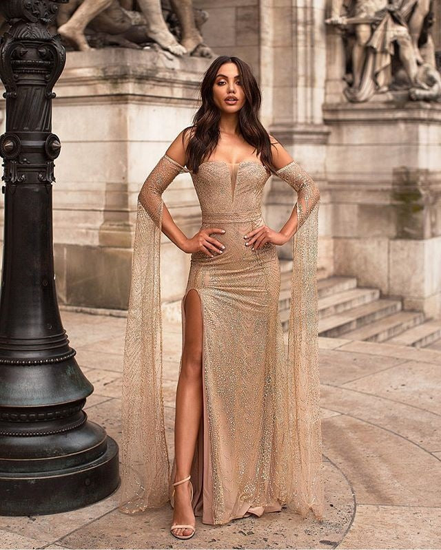 Yvette Rose Gold Sequins Long Prom Dress With Side Slit