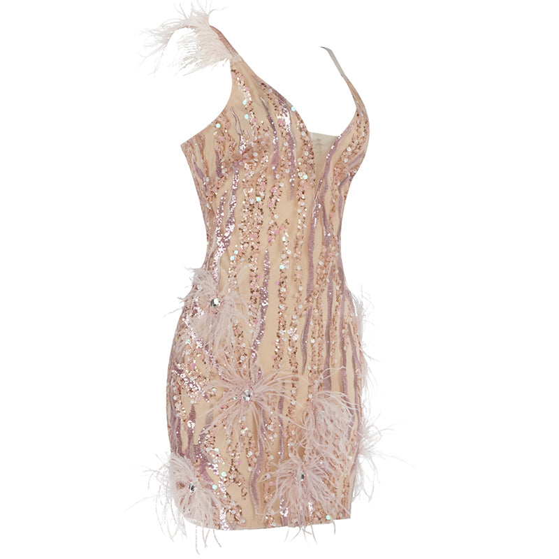 Tasha Pink Feather Sequins Mini Dress