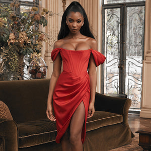 Ava Satin Off shoulder draped corset cocktail Midi Dress - Red & Black