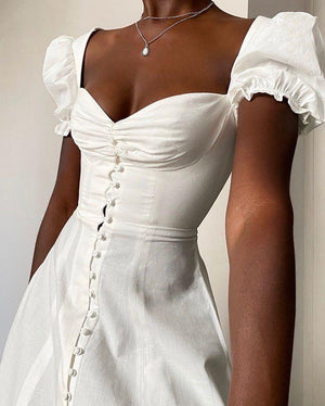 French Pure White Square Neck Princess Sleeve High Slit High Waist Dress