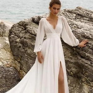 Abito da sposa europeo e americano a vita alta taglie forti con maniche lunghe a V profonda e spacco alto