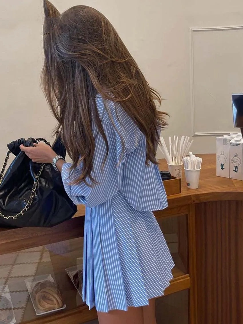 Elegant Blue Striped Women's Two-piece Set Fashion Long Sleeve