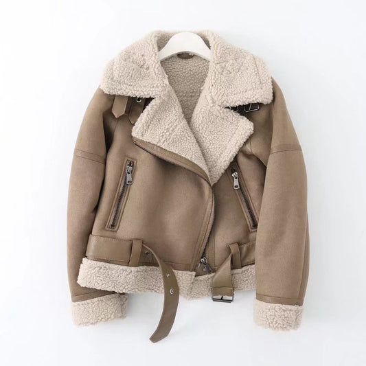 Fleece Suede Fur Jacket in Taupe & Black