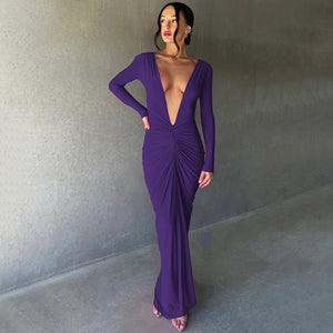 Midnight- Pleated Long Sleeve Backless Bodycon Maxi Dress