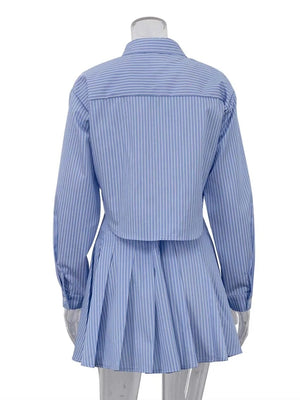 Elegant Blue Striped Women's Two-piece Set Fashion Long Sleeve