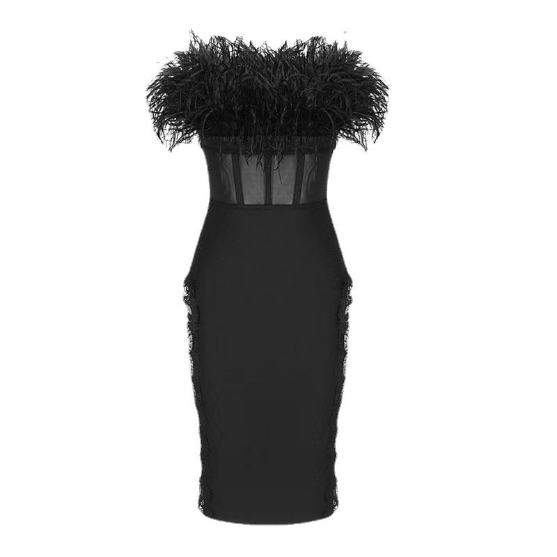 Natalia Ostrich Feather Mesh Bandage Midi Dress