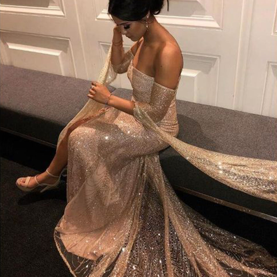 Yvette Rose Gold Sequins Long Prom Dress With Side Slit