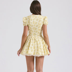 Lara -V-Neck Puff Sleeve Dress with Yellow Flowers Print