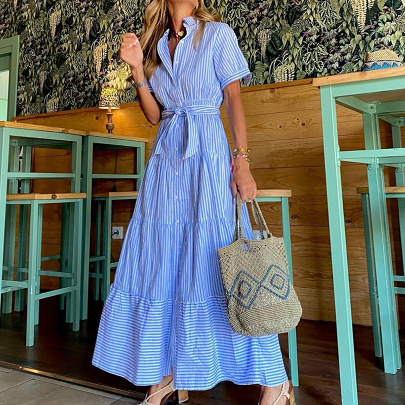 Santorini Breeze-Striped  Maxi Shirt Dress