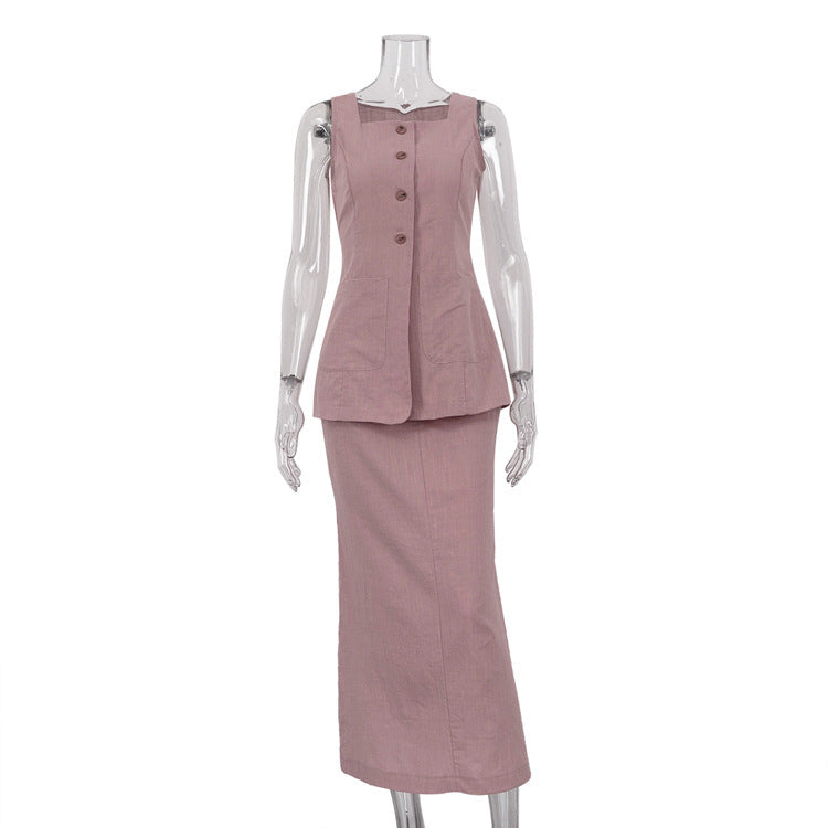 Women's Sleeveless Waistcoat Vest Skirt Suit