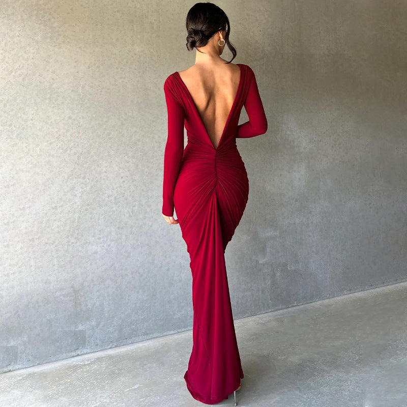 Midnight- Pleated Long Sleeve Backless Bodycon Maxi Dress