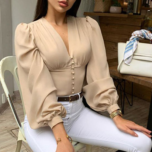 V-Neck Button Puff Sleeve Slim T-Shirt