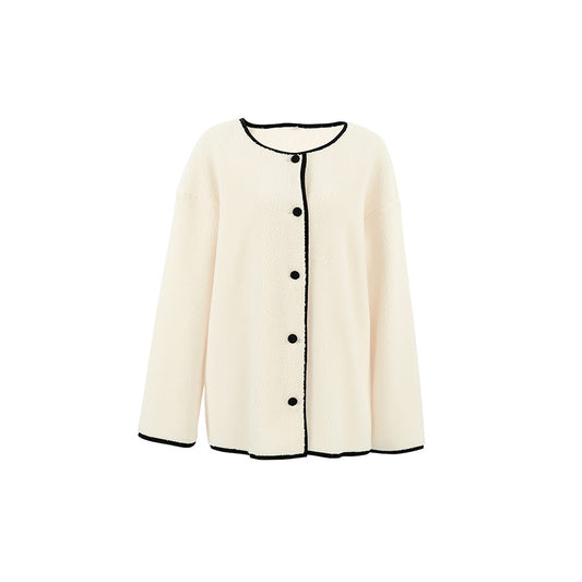 Nicole Lambswool Patchwork Round Neck Coat - Beige