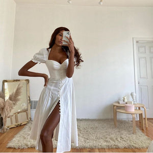 French Pure White Square Neck Princess Sleeve High Slit High Waist Dress