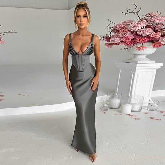 Elara Satin Deep V Slim Strap Maxi Dress