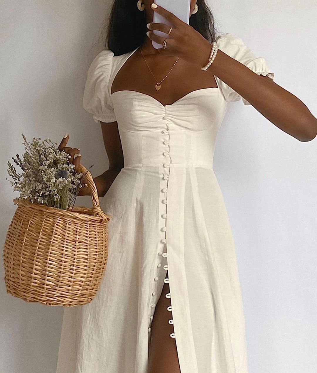 French Pure White Square Neck Princess Sleeve High Slit High Waist Dress