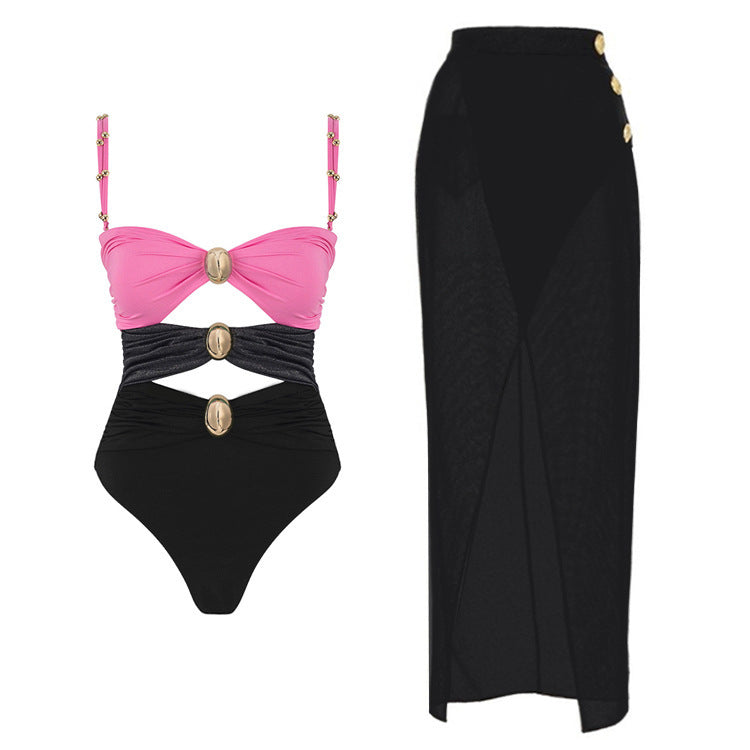 Gold Button Color Matching Three-color Swimsuit Suit Women