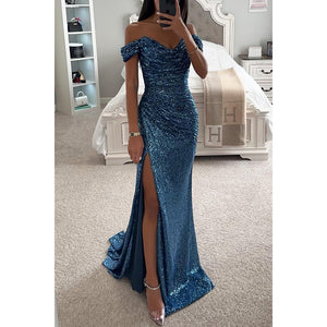 Celestina Sequin Off-Shoulder Gown