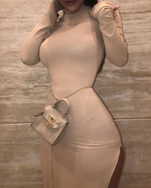 Amelia Nude Long Sleeve High Slit Midi Dress