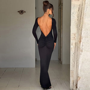 Fashion Sexy Backless Pleated Slim Solid Color Dress