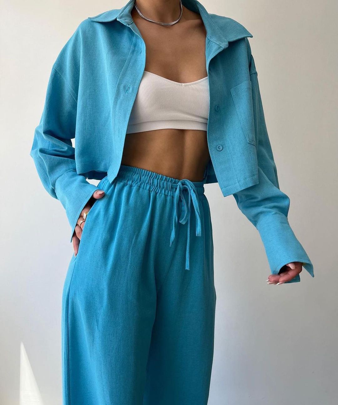 Long Sleeve Button Down Wide Leg Loungewear Set - Hemm 