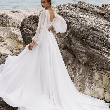 Abito da sposa europeo e americano a vita alta taglie forti con maniche lunghe a V profonda e spacco alto