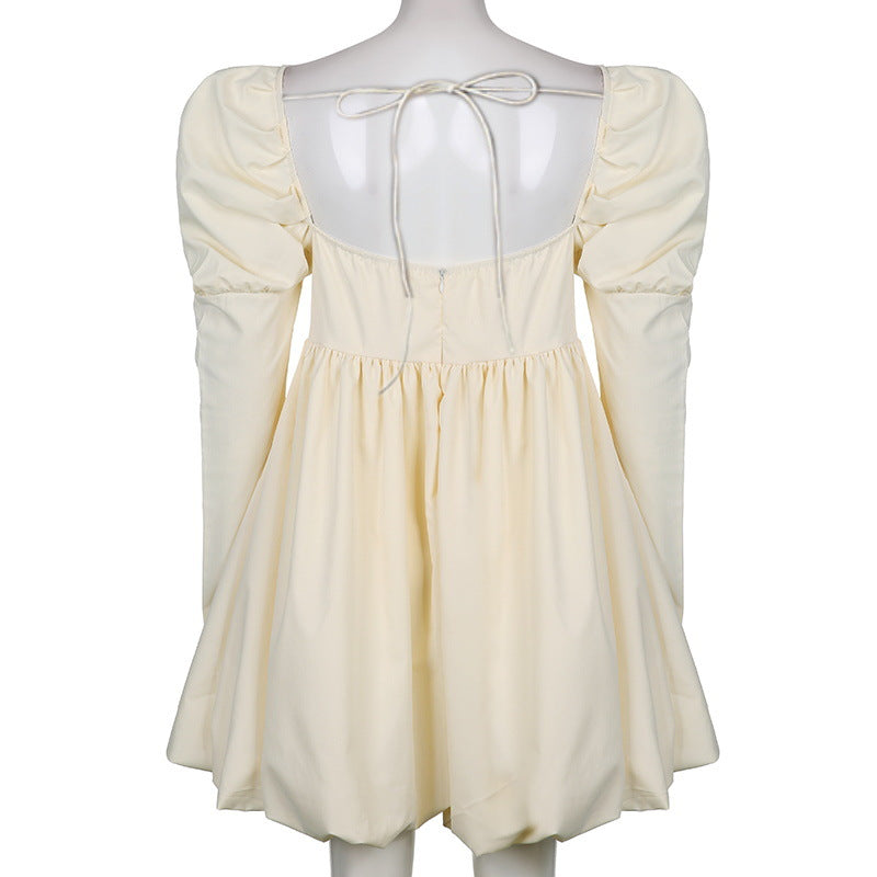 FRENCH SILKY SATIN SQUARE NECK PUFF SLEEVE BABYDOLL MINI DRESS - BEIGE