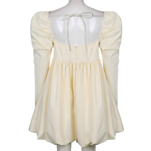 FRENCH SILKY SATIN SQUARE NECK PUFF SLEEVE BABYDOLL MINI DRESS - BEIGE