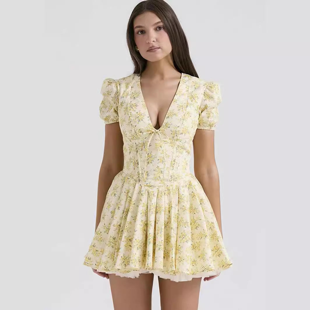 Lara -V-Neck Puff Sleeve Dress with Yellow Flowers Print