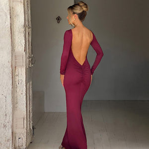 Fashion Sexy Backless Pleated Slim Solid Color Dress