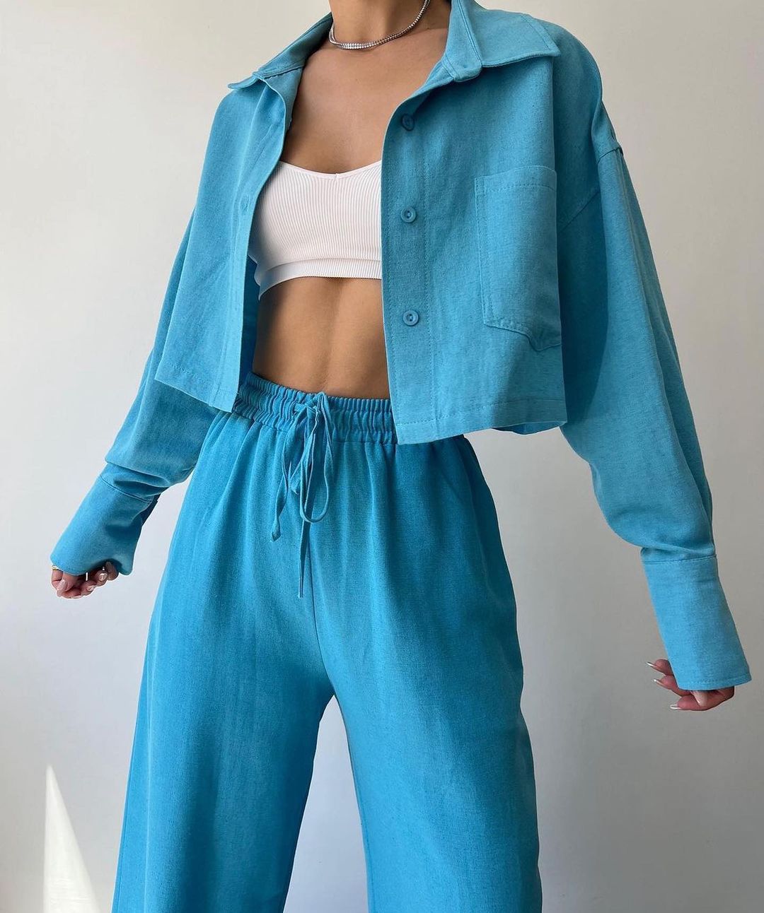 Long Sleeve Button Down Wide Leg Loungewear Set - Hemm 