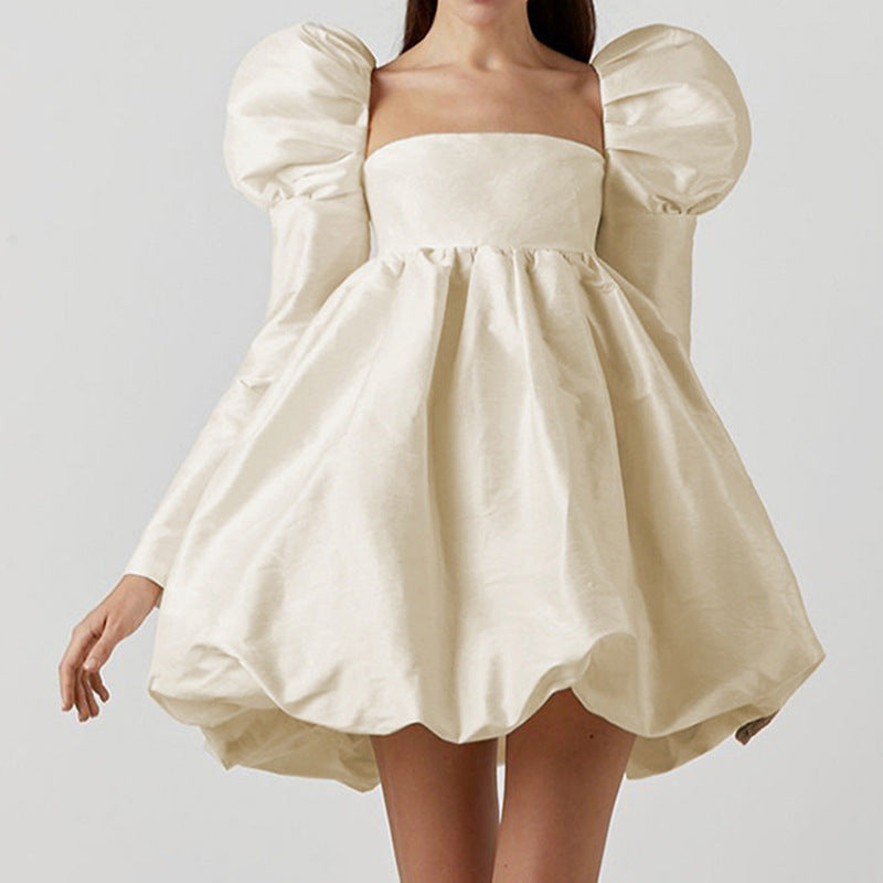 FRENCH SILKY SATIN SQUARE NECK PUFF SLEEVE BABYDOLL MINI DRESS - BEIGE