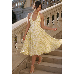 Bella Yellow Floral Halter Midi Dress