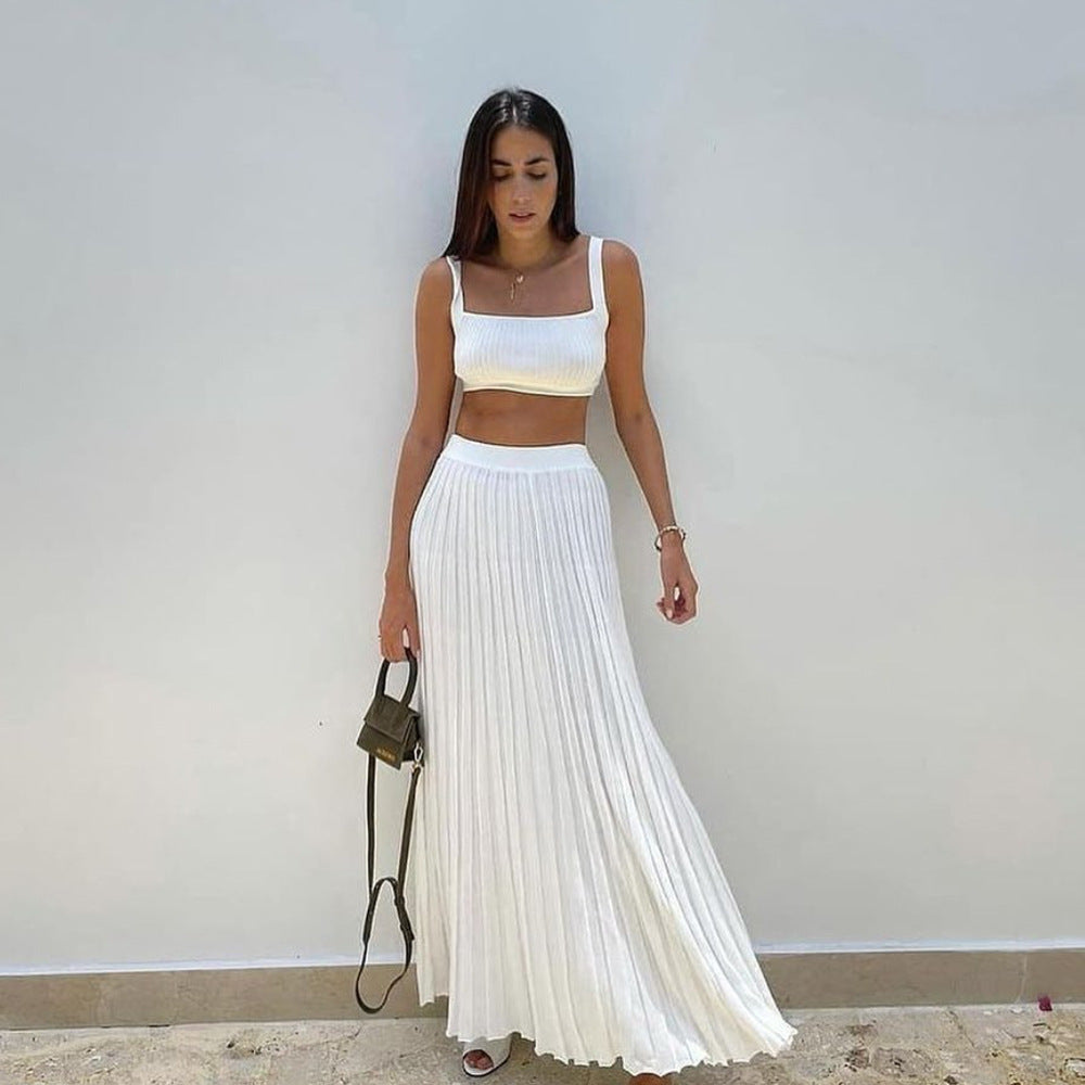 Stella Ribbed Tank Top and Pleated Maxi Skirt Set