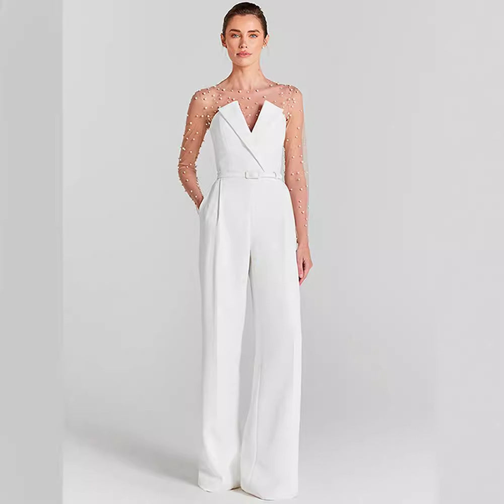 Celeste Pearl Embellished Mesh Jumpsuit