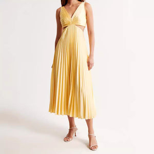 Elegant V-neck Sleeveless Hollow Backless Pleated Skirt Temperament Commute