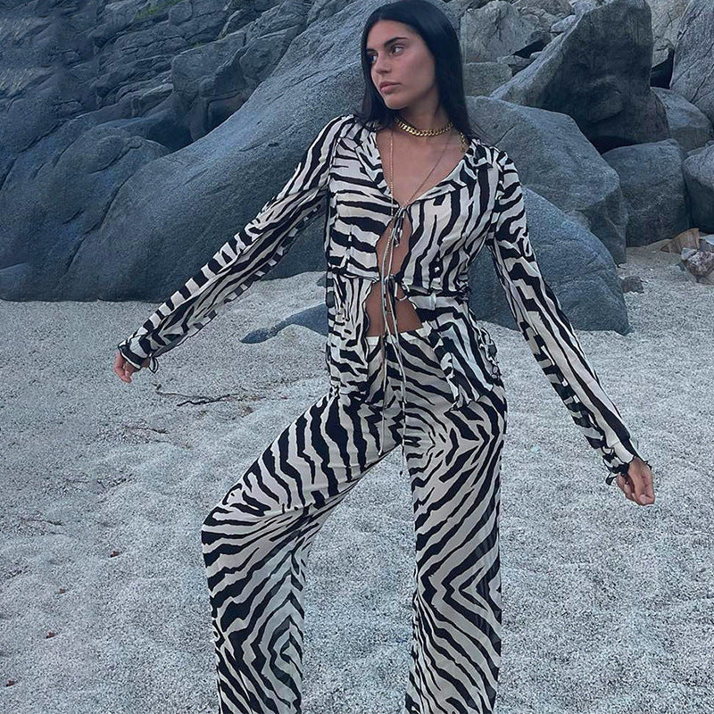 ZEBRA PRINT LONG SLEEVE TOP & TIE PANTS SET