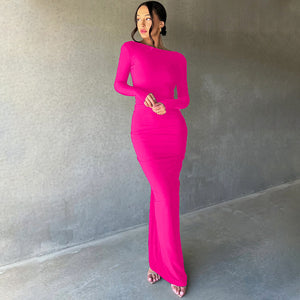 Midnight- Pleated Long Sleeve Backless Bodycon Maxi Dress