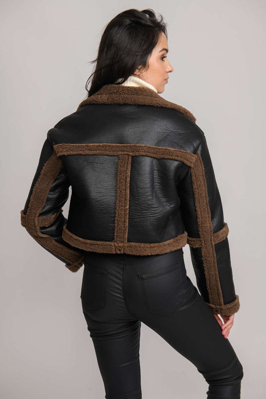 BAILEY - Cropped Faux Leather Aviator Jacket