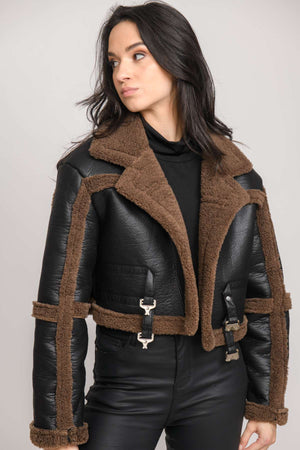 BAILEY - Cropped Faux Leather Aviator Jacket