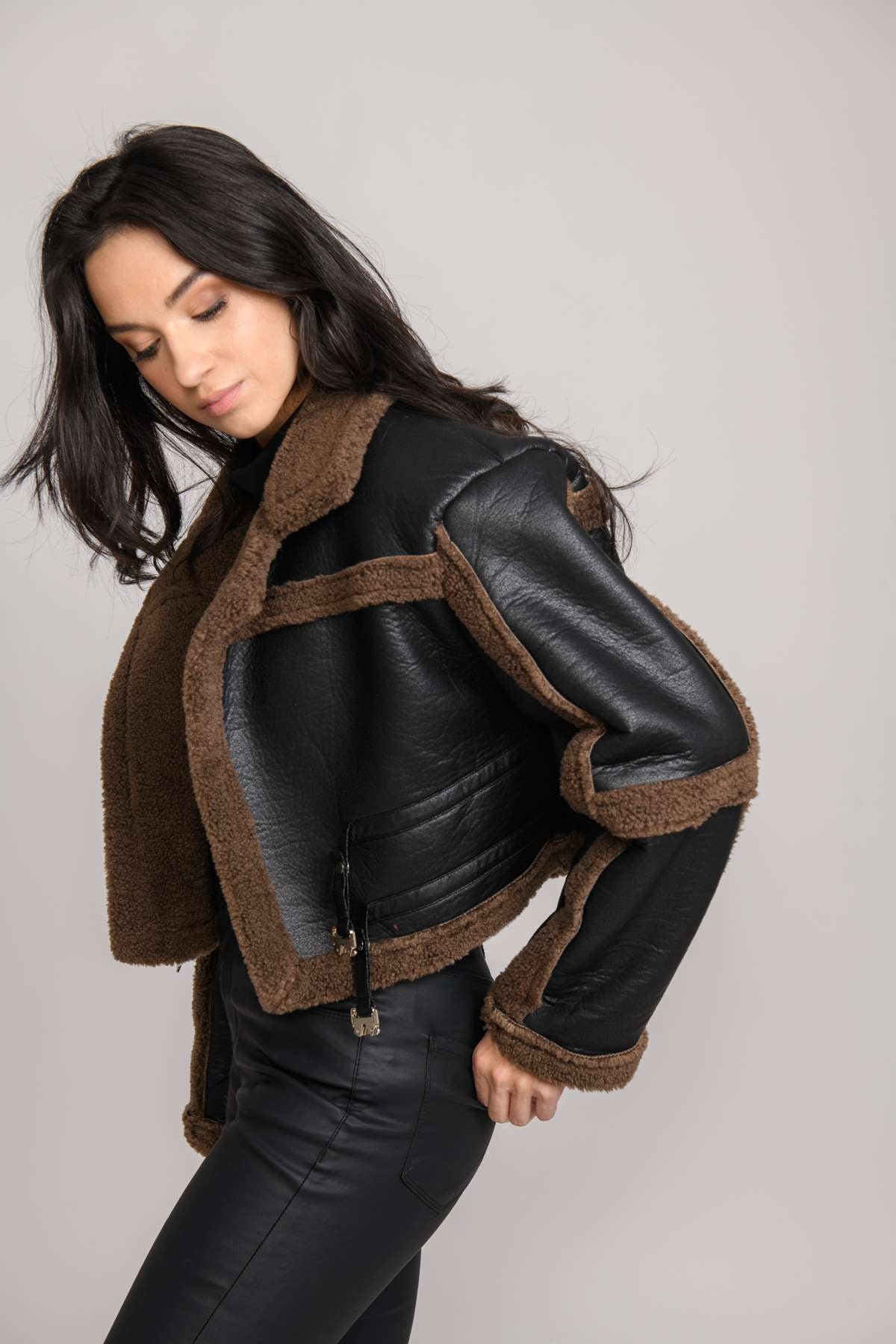 BAILEY - Cropped Faux Leather Aviator Jacket