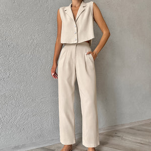 Women's Khaki Cotton And Linen Sleeveless Vest Trousers Two-piece Set