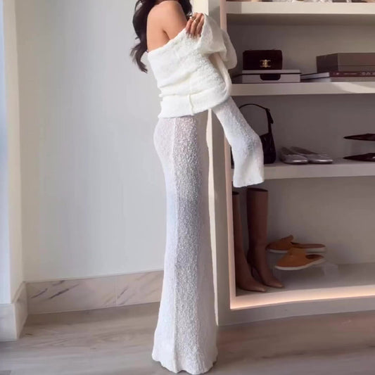 Kai Ivory Off-Shoulder Open Knit Maxi Dress