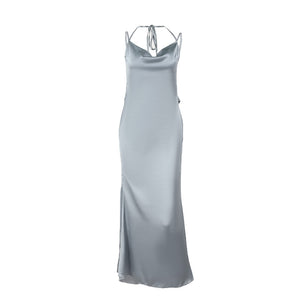 Luna Gray Floral Backless Satin Midi Dress