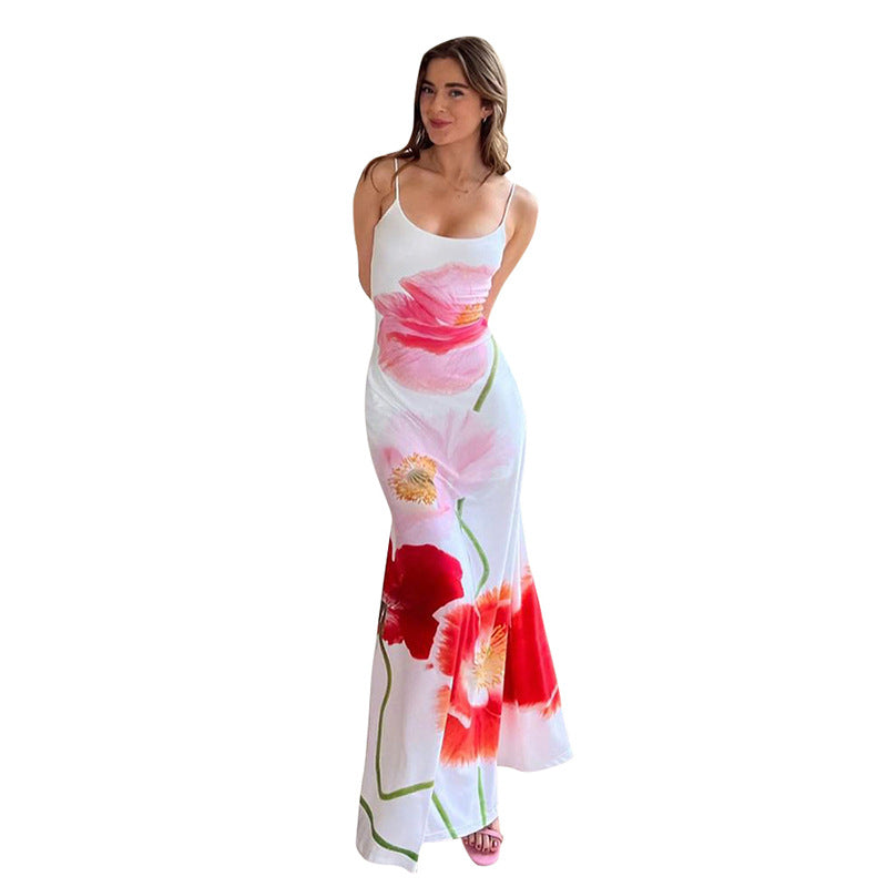 Spring Women's Sling Backless Flower Print Dress