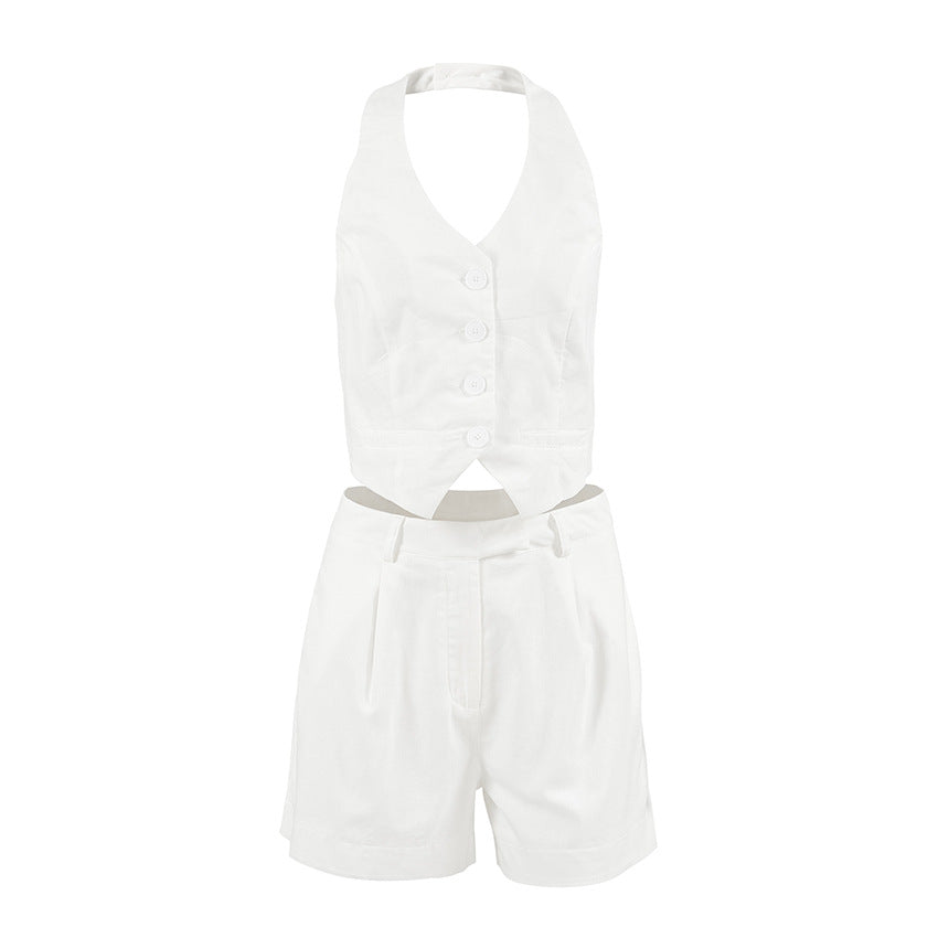 Women's Halter Fashion Cotton And Linen White Vest Shorts Two-piece Set