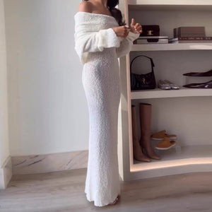 Kai Ivory Off-Shoulder Open Knit Maxi Dress